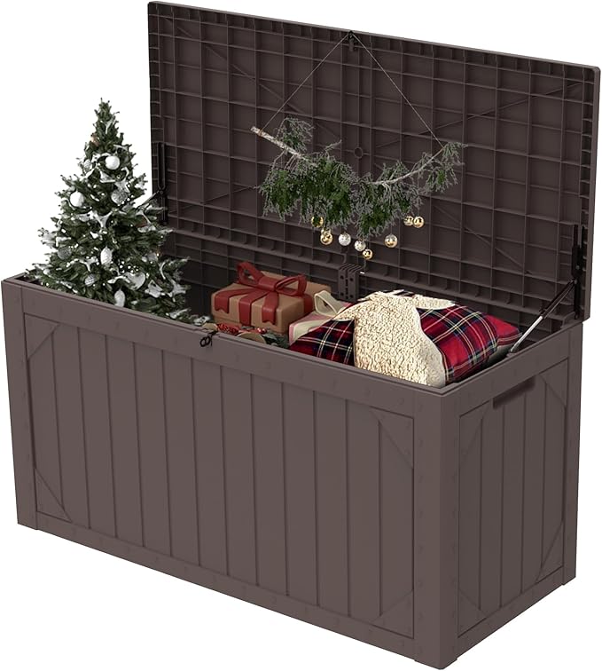 Outdoor Storage Box, 100 Gallon Resin Deck Box Waterproof for Patio Furniture, Garden Tools and Pool Accessories, Lockable UV-Resistant Storage Bin Bench Cabinet for Outside, Brown
