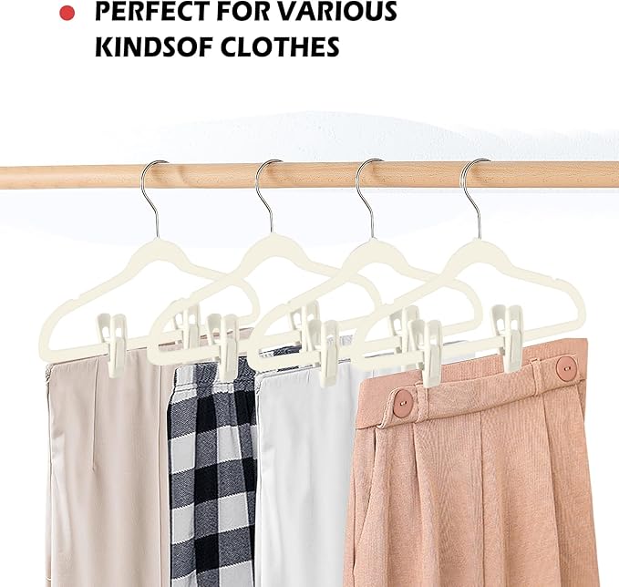 Tinfol Ivory Velvet Hanger Clips, 24 Pack Pants Velvet Clips, Large Opening Clip Clothes Pin, Strong Finger Flocked Clip Perfect for Slim-line Clothes Hangers