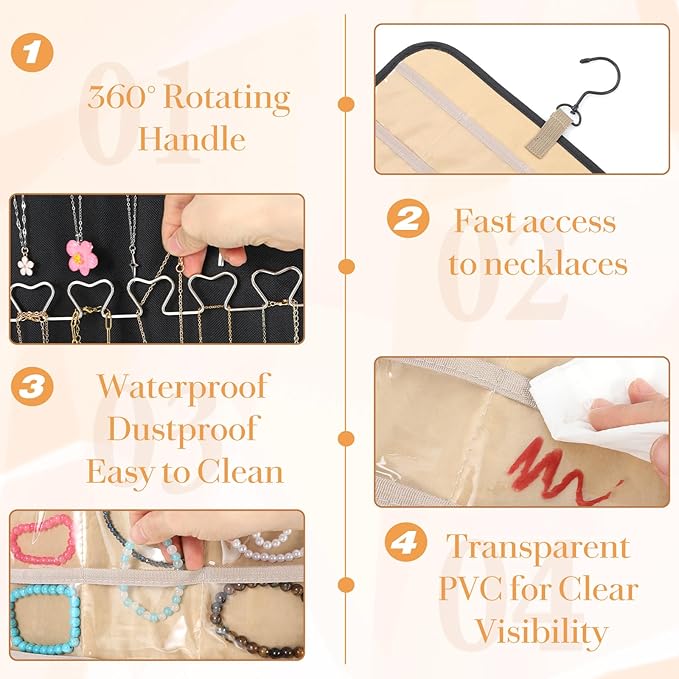 2 Pack Hanging Jewelry Organizer Storage Roll, with 96 Pockets 42 Necklace Hooks 33”x14” Double Sided Wall Mount Earring Holder Large Bracelet Display Hanger Storage Bag for Closet Door