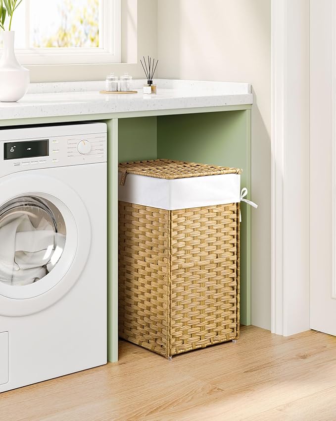 Greenstell Laundry Hamper with Lid, 125L Laundry Basket with 2 Removable Liner Bags & 2 Mesh Bags, Handwoven Synthetic Rattan Clothes Hamper for Clothes, Toys in Bathroom, Bedroom, Foldable, Natural