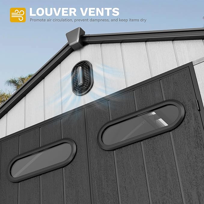 DWVO 8x8 FT Outdoor Storage Shed, Large Extra Thick Plastic Storage Shed with Oval Vision Windows & Lockable Door, 16mm Heavy Duty Outside Garden Shed with Floor & Vents for Patio Tool, Black&Gray