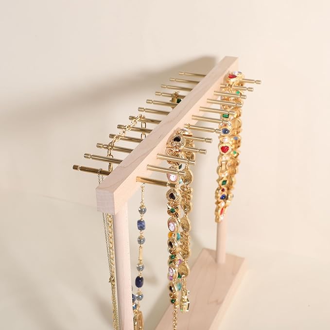 GemeShou Medium necklace hanger shelf with 12 copper bars, Wooden jewelry storage organizer rack for hanger necklace bracelet, necklace display stand for boutique store【Maple】