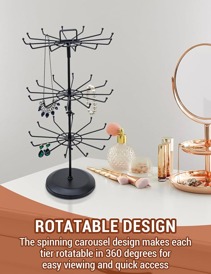 MyGift 3 Tier Classic Large Black Metal Jewelry Tree Holder Organizer with 360 Degree Rotating Arms, Spinning Necklace and Bracelet Tower Display Stand with 36 Hooks and Top Card Holder For storage