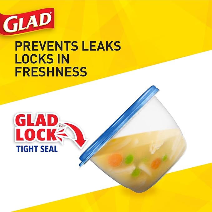 Glad GladWare Medium Rectangle Food Storage Containers with Lids, Airtight Leak-Resistant Plastic Containers for Soup Salad Meal Prep, Microwave Dishwasher Freezer Safe, 24 Oz, 5 Count