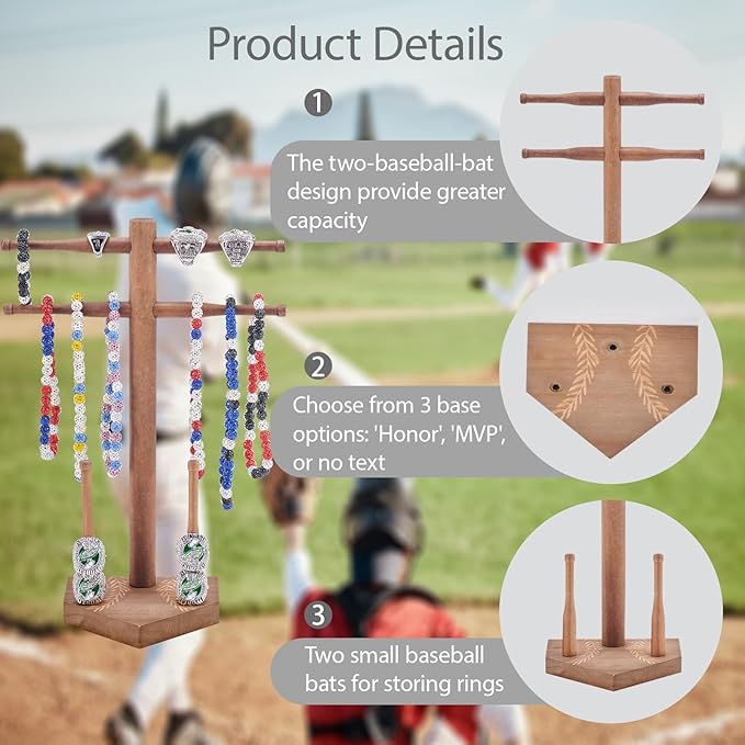 NEW Wooden Baseball & Softball Championship Ring Holder with Drip Necklace Display – Sports Organizer Baseball Gifts for Jewelry & Awards(NO TEXT)