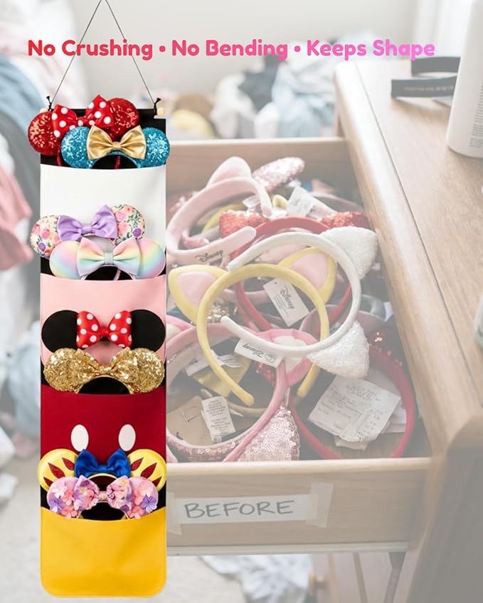 Mouse Ear Organizer, Hanging Headband Holder for Park Ears, Display & Storage Organizer for Disney Accessories, Holds Up to 8–10 Ears, Wall Door Closet Hanging Rack