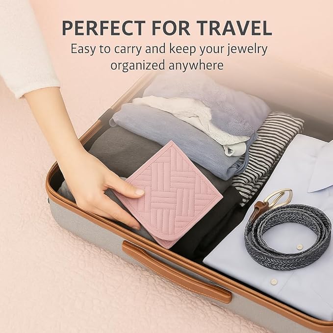 Jewelry Organizer for Women, Jewelry Organizers and Storage Foldable Jewelry Roll Bag for Rings, Earrings, Necklaces, Bracelets – Travel Jewelry Case for Travel Essentials, Pink