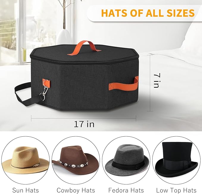 Hat Storage Box for Women & Men, Hardboard Support Hat Boxes with 1 Door Hook Hat Organizer, Cowboy Hat Box for Travel, Hat Bag Hat Case (Black)