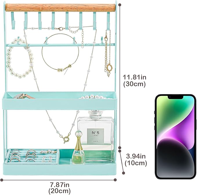 Lolalet 4-Tier Jewelry Organizer Stand with 12 Hooks, Necklace Bracelet Ring & Sunglasses Holder, Cute Metal Jewelry Storage Rack for Vanity, Dresser or Entryway, No Assembly -Light Blue