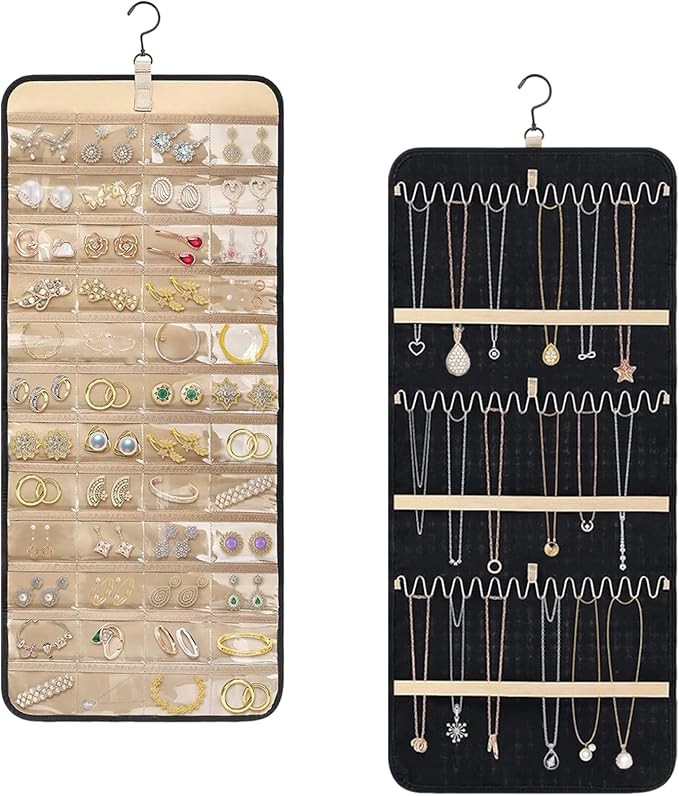 Longzhuo Jewelry Organizer, 2 Sided Necklace Holder, with 360 Degree Rotating Hook, Jewelry Holder for Travel, Earrings, Necklaces, Rings on Closet, Wall, Door, Black (14.17 x 32.28 inches)