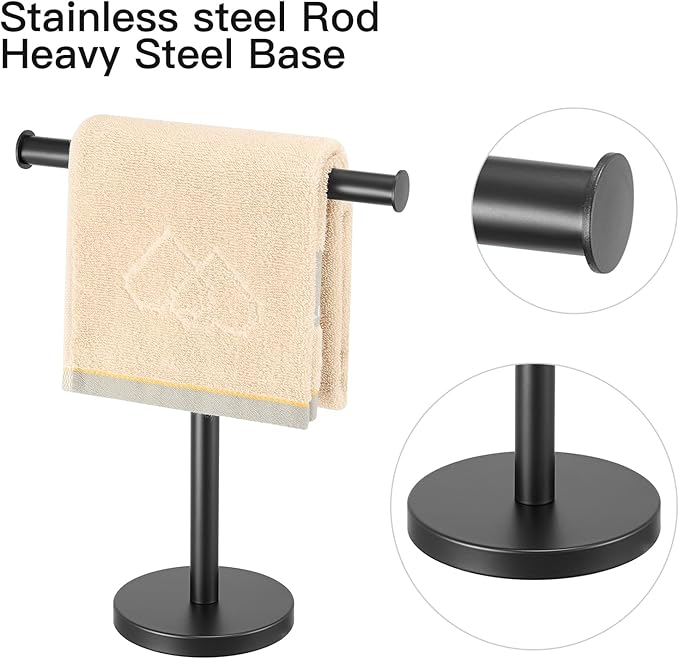 T-Shape Bath Hand Towel Holder Standing, SUS304 Stainless Steel Matte Black T-Shape Towel Bar Rack Stand with Heavy Base, Tower Bar for Bathroom Kitchen & Countertop, 2 Pack