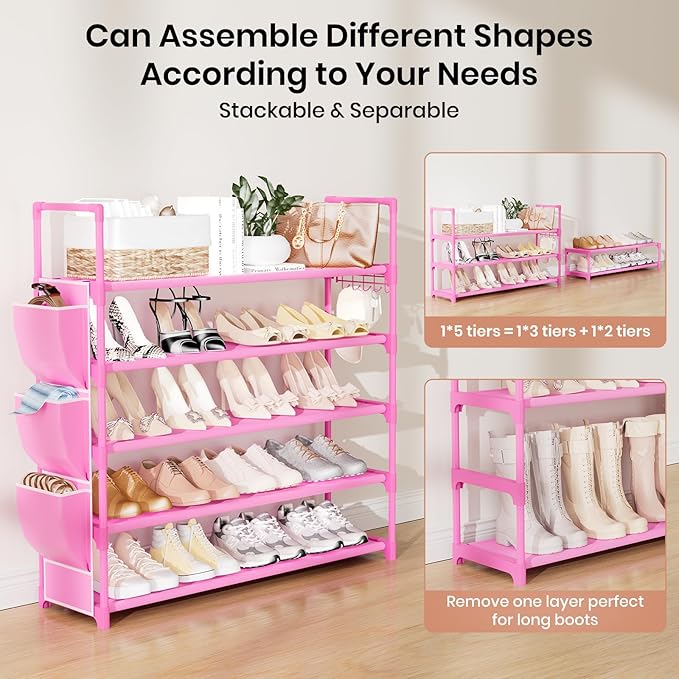 Shoe Rack for Closet Shoe Organizer Space Saver Storage for 20-25 Pair Shoe Shelf with Hook and Side Pocket Free Standing 5 Tier Shoe Rack Organizer for Entryway,Small Spaces, Pink