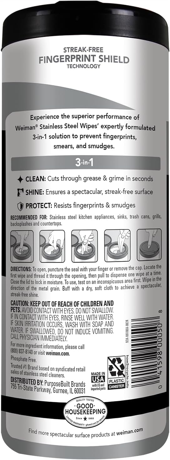 Weiman Stainless Steel Cleaner, 30 Count Cleaning Wipes, Removes Dirt, Grime, and Grease, No Streaks or Residue, Stainless Steel Polish for a Sparkling Clean and Shiny Surface, Cleaning Supplies