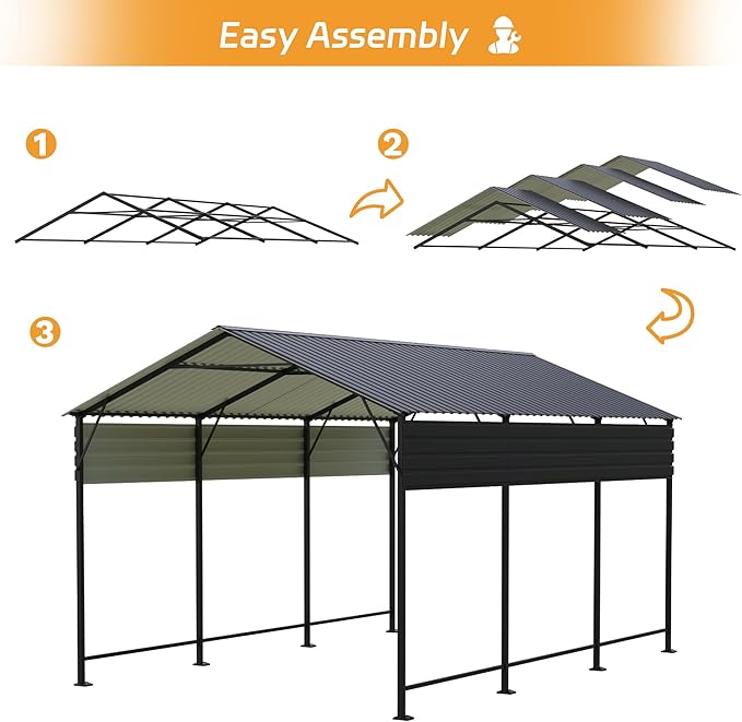 Patiowell 10x15 FT Metal Carport, Heavy Duty Carport with Reinforced Frame and Galvanized Steel Roof, Outdoor Car Port Shelter for Car, Truck, Boat and Tractor, Black