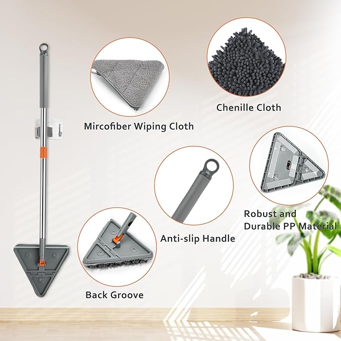 Base Board Cleaner Tool with Handle,360°Rotating Wall Cleaner Mop,180° Folding Ceiling Tool Duster with Squeegee for Cleaning Wall, Ceiling, Window,Floor,8 Replacement Cleaning Pads