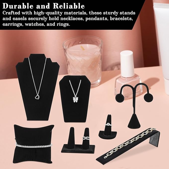 Novel Box Black Velvet 11 Pieces Jewelry Display Set for Necklaces, Bracelets, Rings, Earrings, Pendants & Watches - Jewelry Displays Set Organizer for Selling or Personal Use