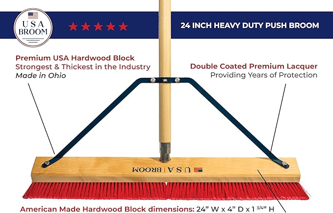 1-Pack - 24" Red Everyday Sweep Indoor/Outdoor Push Broom with 60" Handle. Ideal for Garages & Shops. Durable American Made Steel Brackets-All Stainless Steel Hardware. No Plastic. 100% USA Made