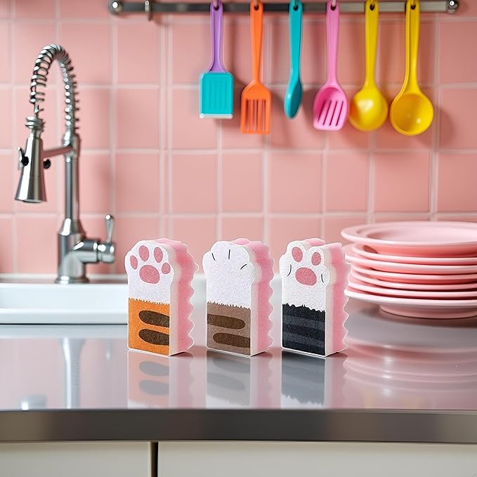 3Pcs Pink Random Style Cat Claw Design Kitchen Cleaning Sponges,Cute Household Cleaning Tool,Claw Design Non-Scratch Dishwashing Scrub Sponge Kitchen Cleaning Tool,Household Supplies