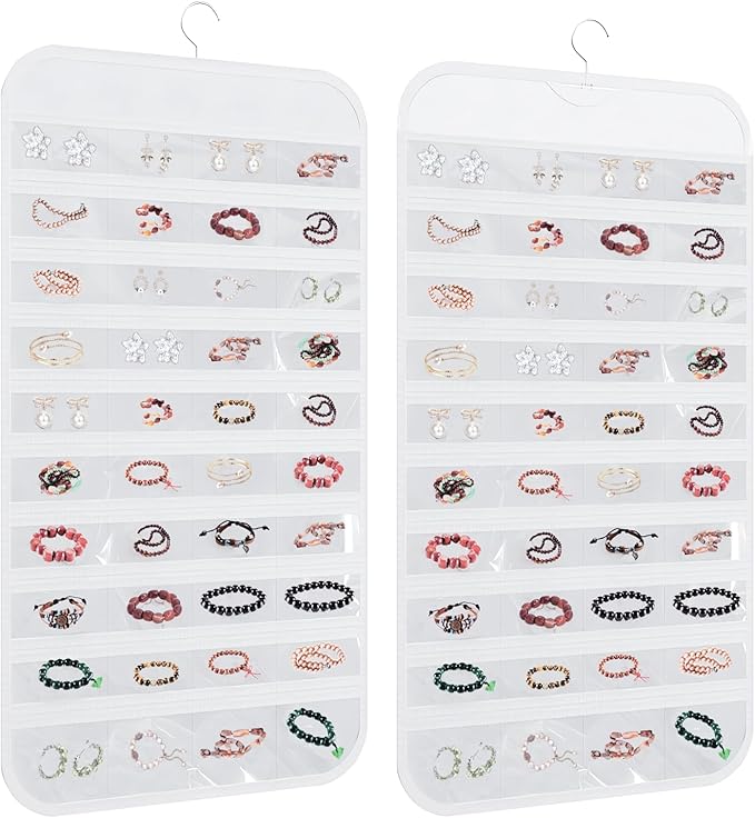 80 Pockets Double-Sided Hanging Jewelry Storage Bag, Transparent Earring, Bracelet, Ring Bag, 33x17 Inch Large Size Fits Wardrobe/Shelf Rod, Travel Portable, Non-Woven(White)