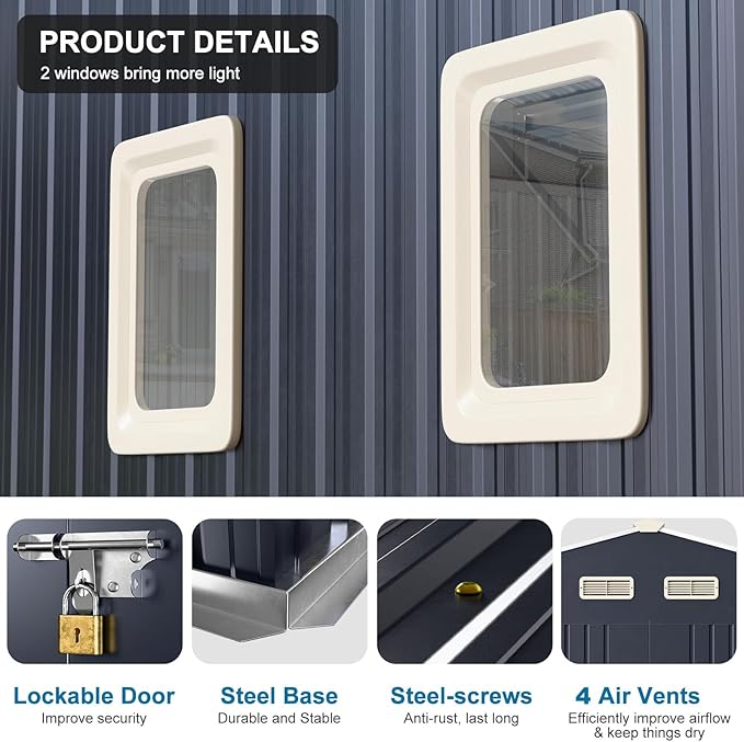 10x12 FT Outdoor Metal Shed with Unique Floor Base Clear Roof Window Lockable Double Door Vent, Waterproof Heavy Duty Reinforced Frame Sheds for Garden Storage Large Lawnmower Tool, Dark Grey