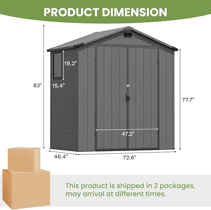 Greesum 6x4FT Plastic Outdoor Storage Shed with Floor, Resin Sheds with Lockable Double Door, Tool Sheds with Window and Vents, for Garden, Backyard, Patio, Dark Gray