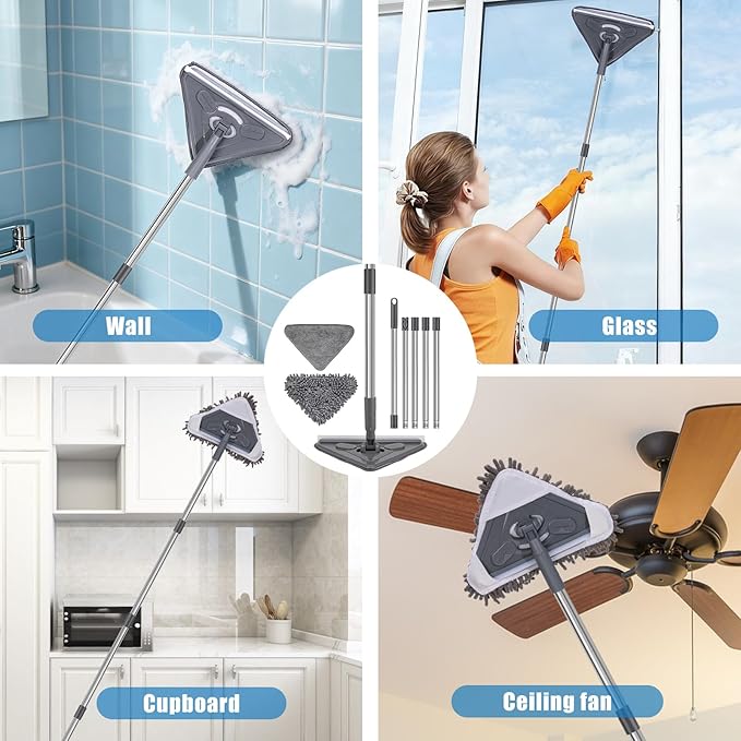Mops for Floor Cleaning with 57" Long Handle, Wall Cleaner Mop with 84'' Handle, 2 Reusable Pads, Wet and Dust Mopping for Hardwood, Laminate, Tile Floor, Wall, Ceiling, 7Pcs Gray
