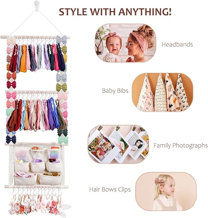 cherrboll Hair Bows Holder Headband Organizer for Girls, Hair Clips Hanger Storage with Hooks, Wall Hanging Decor for Nursery Room