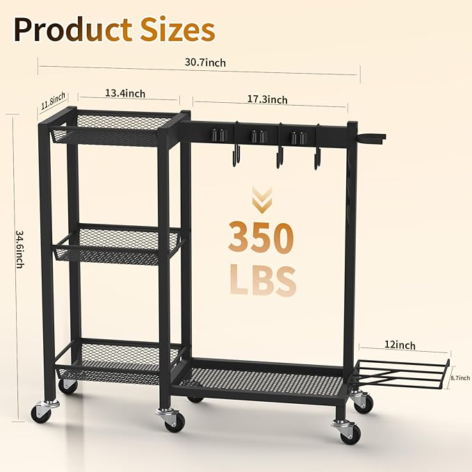 Broom Holder with Cleaning Supplies Organizer Load 350 LBS Cleaning Cart with Wheels Broom Closet Storage with 3-Tier Shelves, 6 Mop Hanger Grippers, 3 Double-Hooks, Vacuum Stand for Laundry Garage