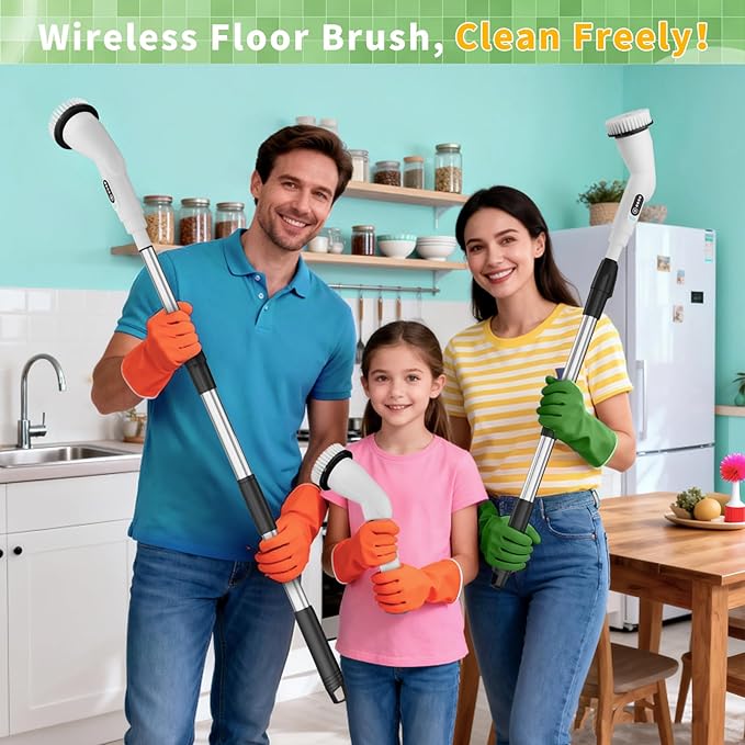 Electric Spin Scrubber - Household Cleaning Brush with 8 Heads, 51.2in Extendable Pole Bathroom Scrubber for Stubborn Grease on Grill, Stovetop & Bathtub, 90Min Runtime - Type B
