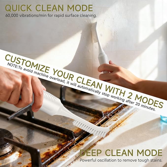 Electric Crevice Cleaning Brush, IPX7 Waterproof Electric Grout Scrub Brush with 2 Replaceable Heads, Power Shower Scrubber for Tile, Kitchen, Bathroom, Window Track & Toilet