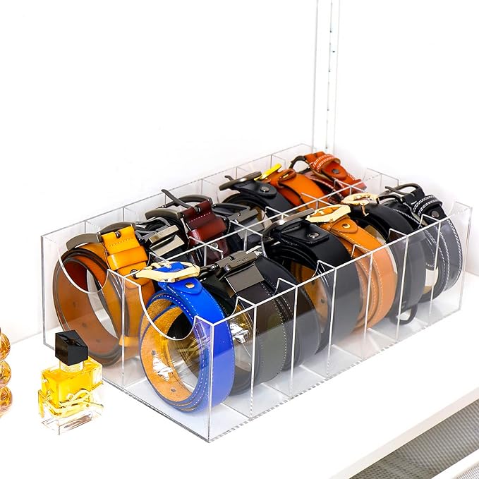 Acrylic Belt Organizer - 14 Compartment Clear Display Case for Closet and Drawer