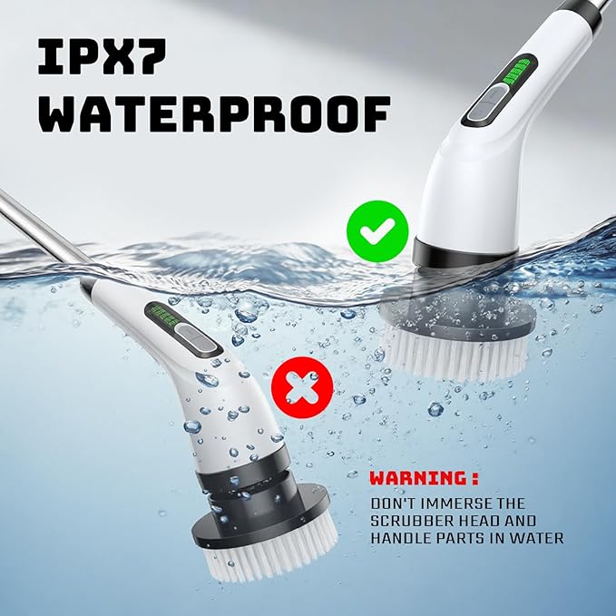 Electric Spin Scrubber, Powerful 2-Speed Cleaning Brush, IPX7 Waterproof with 7 Reusable Brush Heads & Extendable Handle, for Bathroom Toilet Shower Kitchen Wall Tile Floor Grout (White)