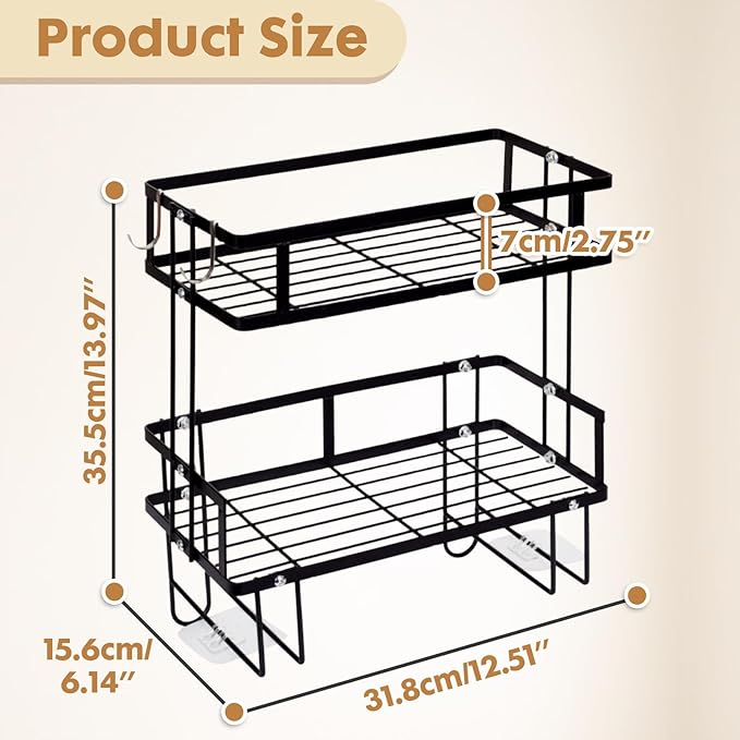 ShellKingdom Over The Toilet Storage Shelf, 2 Tier Toilet Paper Holder Stand Shelves, Punch-Free Bathroom Storage Rack with 2 Hooks, Small Space Organizers for Bathroom, Home, Countertop, Black