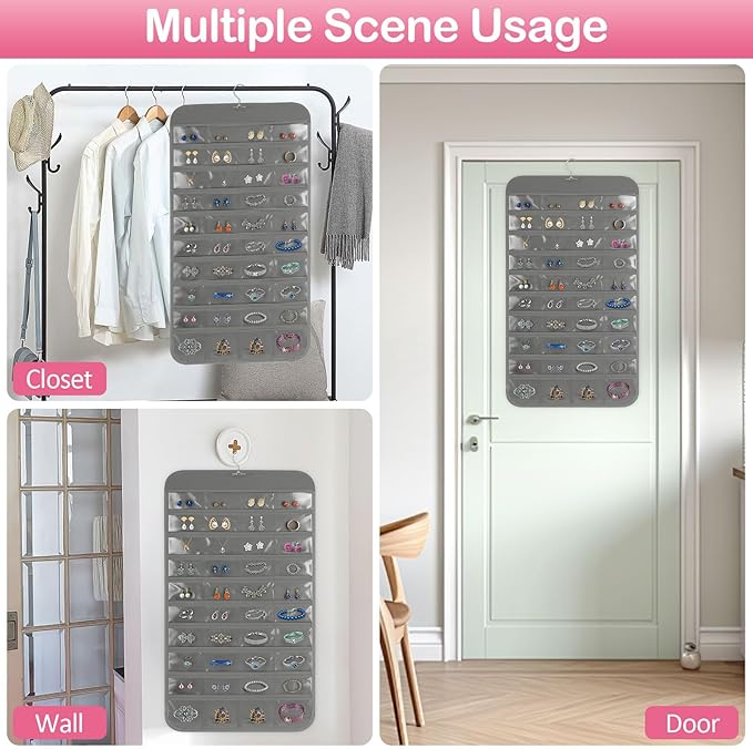 Hanging Jewelry Organizer for Closet with Swiveling Hanger, 17 x 30 In, 80 Clear Pockets Jewelry Organizer Hanging for Jewelries, Earrings, Accessories (Beige) (3, Gray)