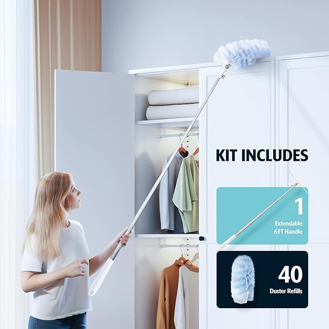 6ft Extendable Duster Handle with 40 Refills, Compatible with Swiffer Duster, Disposable Microfiber Dusting Pads for Home Cleaning, Ceiling, Fan, Window, Hard-to-Reach Areas