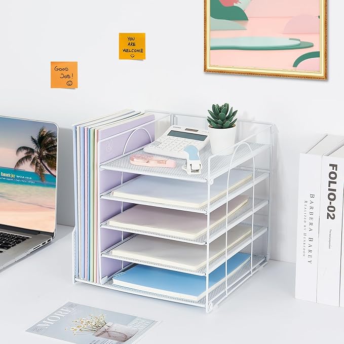 Desk Organizers and Accessories, 5-Tier Paper Letter Tray Organizer with File Holder, Desktop Organizer for Office Supplies (White)
