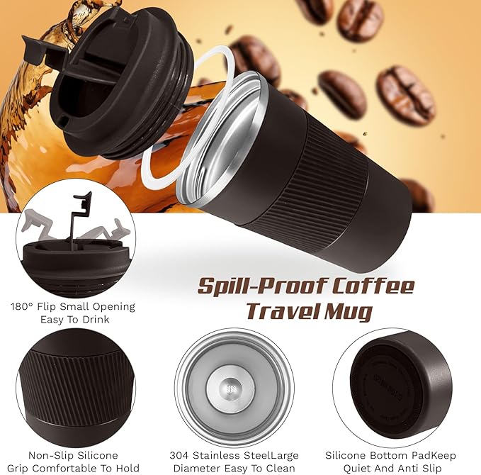 Vacuum-Insulated Stainless Steel Travel Coffee Mug, Leak-Proof Reusable Coffee Cup with Lid - Keep Hot & Cold Drinks for Hours, Durable Insulated Tumbler for Men & Women(3rd-Dark Coffee, 17OZ)