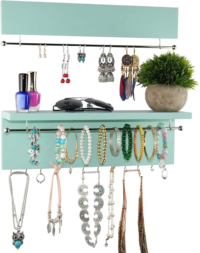 Spiretro Wall-Mounted Jewelry Organizer - Wood Turquoise - Necklace Holder with Removable Metal Bar - Earrings Bracelets Hooks - Shelf Storage