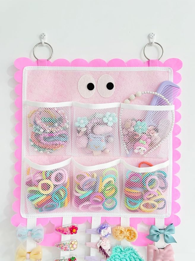 Hanging Hair Clip Organizer with Pockets for Hair Ties, Hair Bow Holder for Girls Barrettes, Scrunchies – Cute Hair Accessories Organizer for Kids & Toddlers