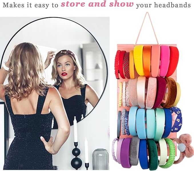 Hanging Headband Holder Organizer with 40 Elastic Loops Display Rack Wall Mounted for Home Women, Pink
