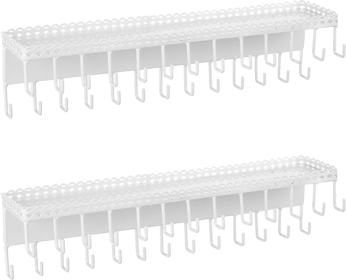 MyGift White Metal Wall-Mounted Jewelry Hanging Shelf with 26 Necklace Hooks, Set of 2