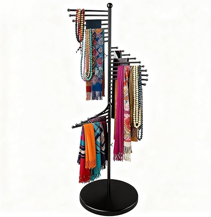 Multi-functional spiral organizer, free-standing design with 30 rods. Ideal for storing multiple scarves, hijabs, and clothes while saving space (42x170cm/17x67in). (black)