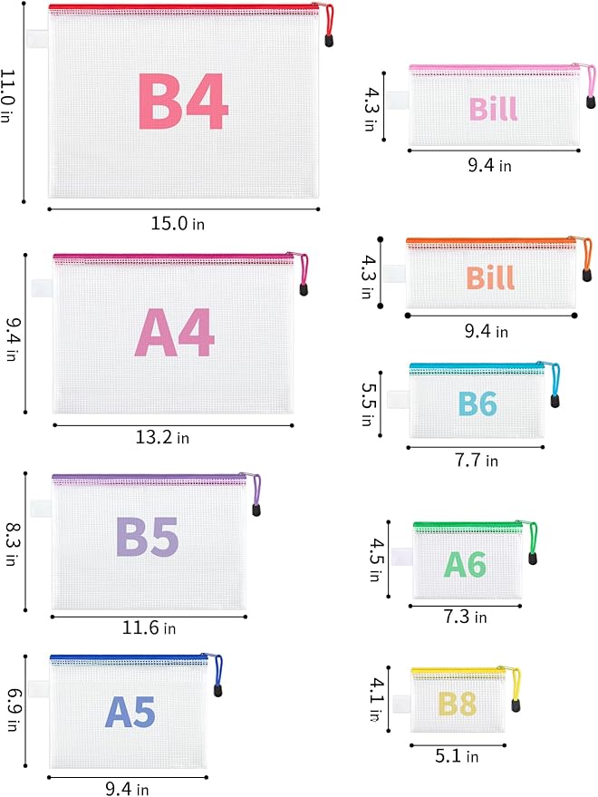JARLINK 72 Pack 8 Sizes Mesh Pouch, 9 Colors, Waterproof Zipper File Bags Document Multipurpose Travel Bags for Office, School, Board Game, Puzzles, Cosmetics, Travel Accessories, and Home Organize