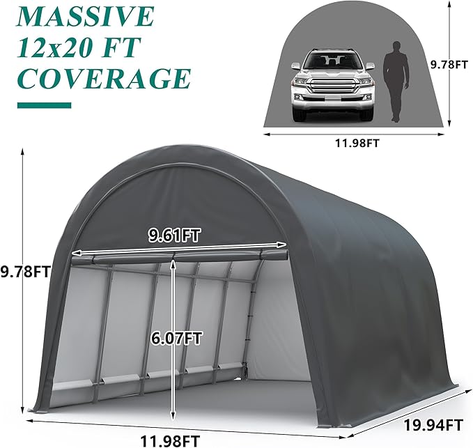 GARTOO Upgrade 12' x 20' Heavy Duty Carport - Extra Large Outdoor Shelter, Portable Garage for Truck Car Auto Motorcycle Boat Outdoor Events Party, Gray