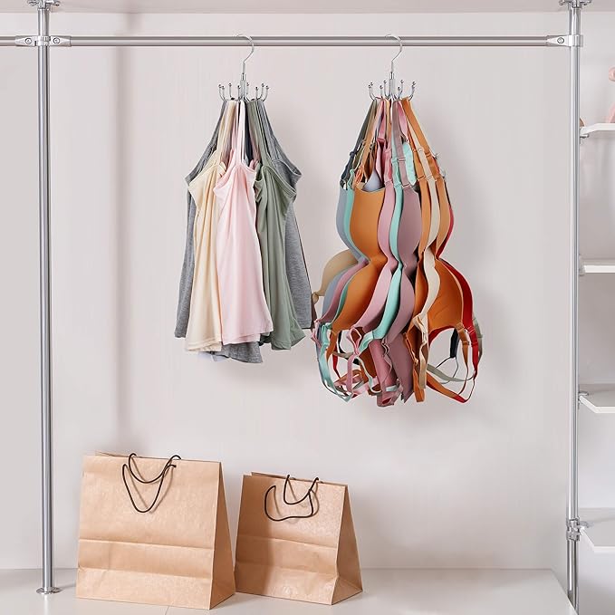 ZEDODIER Tank Top Hanger, Rotatable Bra Organzier for Closet, Max 24 Storage Capacity Sport Bras Holder, Metal Space Saving Closet Organizers and Storage, Silver
