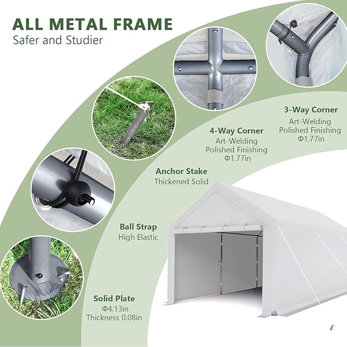 Carport 10x20 Ft Heavy Duty Canopy Steel Canopy Storage Shed,Portable Party Tent,Portable Garage with Removable Sidewalls & Doors All-Season Tarp for Carport Floor Fixing (White)