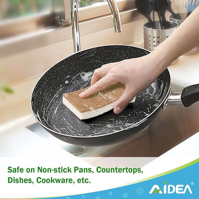 AIDEA Sponges Non Scratch, 12Count, Natural Sponge for Non Stick Cookware, Sponges Kitchen, Cellulose Scrub Sponge for Dishes, Cleaning Power for Kitchen, Bathroom, Household