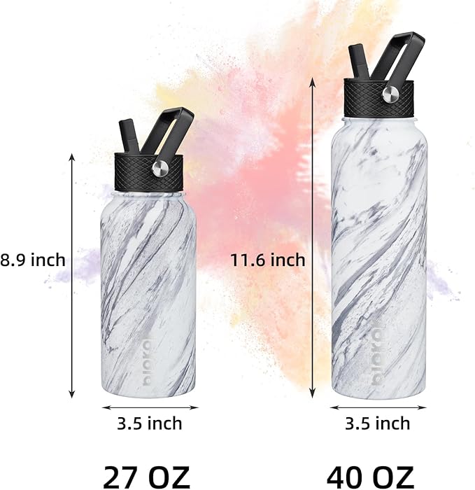 BJPKPK Insulated Water Bottles with Straw Lid, 27oz Stainless Steel Water Bottle with 3 Lids, Leak Proof BPA Free Metal Thermo, Mugs, Tumblers, Keep Cold Hot - Carrara Marble