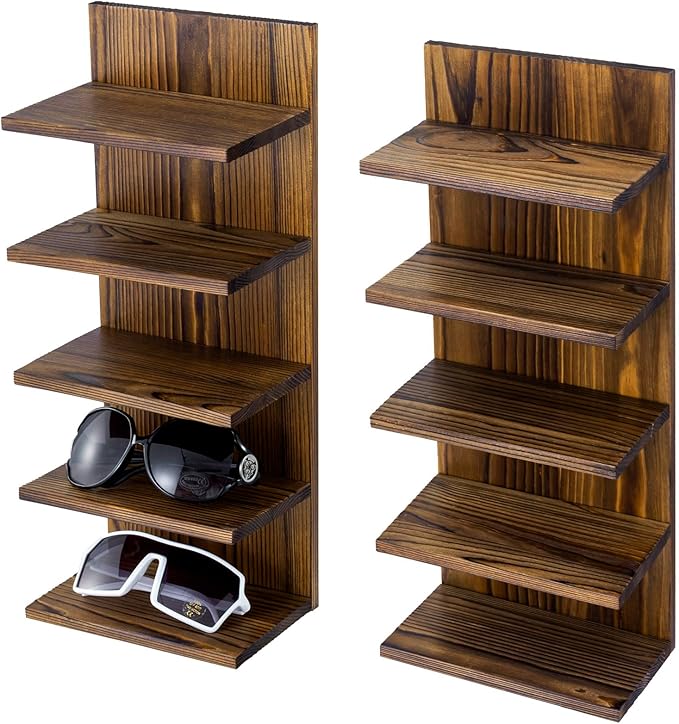 MyGift 5-Tier Rustic Burnt Solid Wood Sunglasses Holder Rack, Wall-Mount or Tabletop Eyewear Display Stand, Retail and Home Glasses Organizer, Set of 2