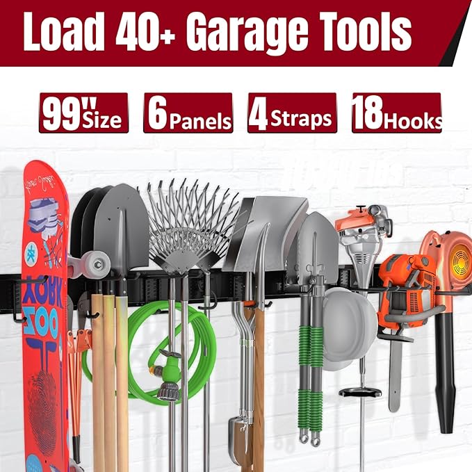 99" Garage Tool Organizer Wall Mount, 8 Multi-Size Hooks & 4 Extension Straps, Heavy Duty Wall Mount Garage Storage Rack, Tool Hanger for Shovels, Rakes, Fits 16" Wall Studs